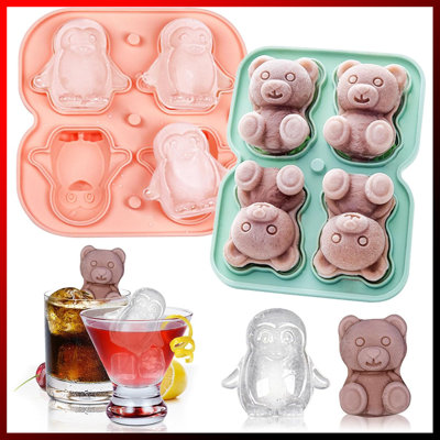 2 Pack Silicone Ice Cube Trays - Extra Large 3D Ice Moulds With Leak-Proof Funnel Lid | Create Fun Diamond/Sphere/Cube Ice For Cocktails, Whiskey & Iced Coffee | BPA-Free, Flexible & Easy Release,Penguin And Bear