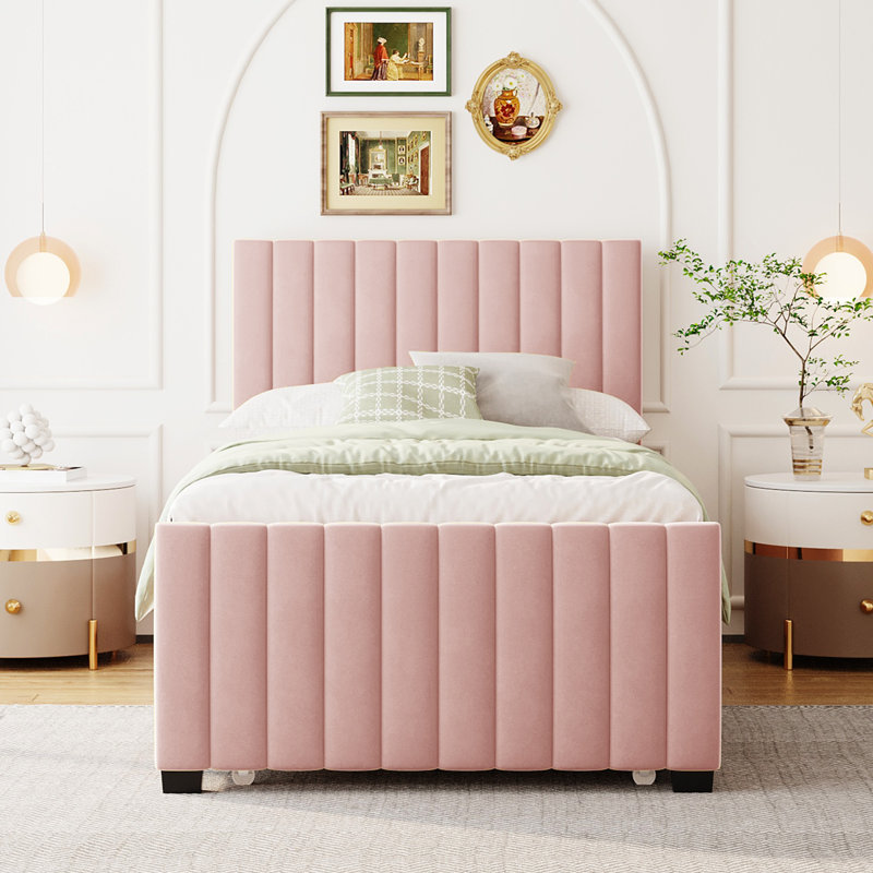 Lit plateforme tapissier en velours avec couchette Modern, Rose