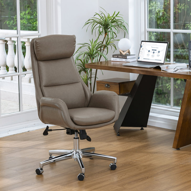Corjan Mid-Century Modern Gas Lift Swivel Executive Chair or Office Chair with Headrest, Brownish Gray, Silver
