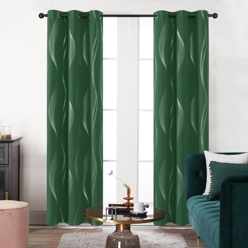 Spurgh Sliver Wave Foil Print Blackout Thermal Grommet Curtain Panels (Set of 2), 42" W x 54" L, Dark Forest