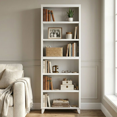 76.3" Tall 6-Tier Bookcase with Adjustable Shelves & Raised Legs, White Display Storage for Living Room, Bedroom, Kitchen or Home Office