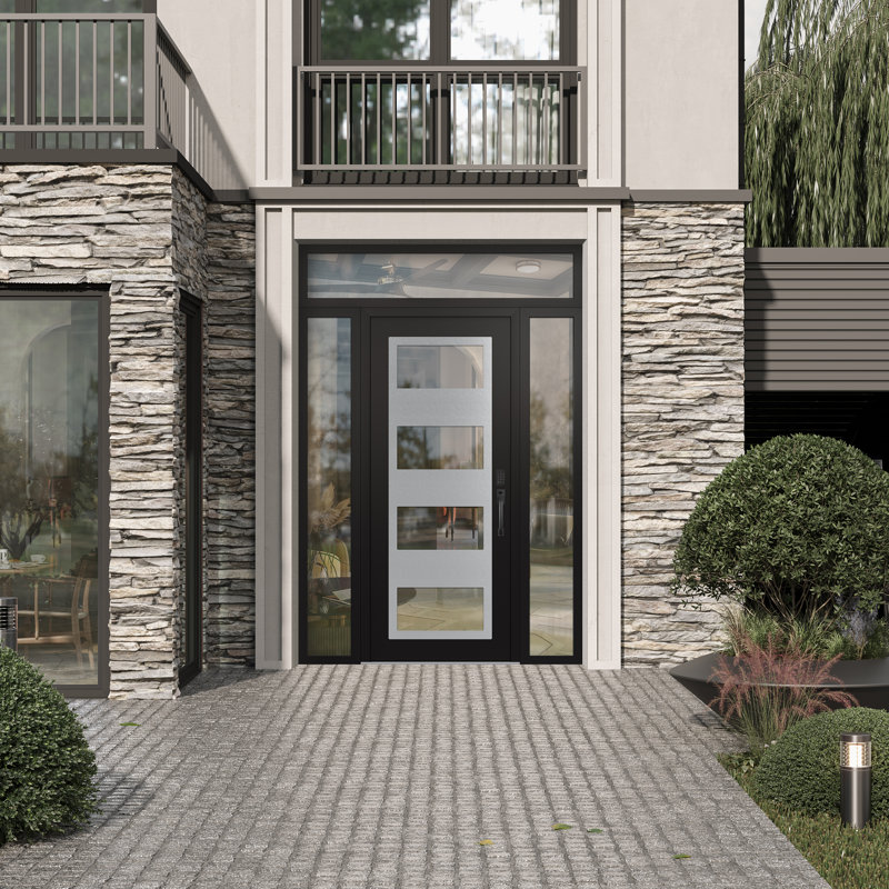Panneau d'entrée en acier argenté avec 2 panneaux latéraux et porte d'entrée pré-montée, L 60 po x H 96 po, Clair, Gauche