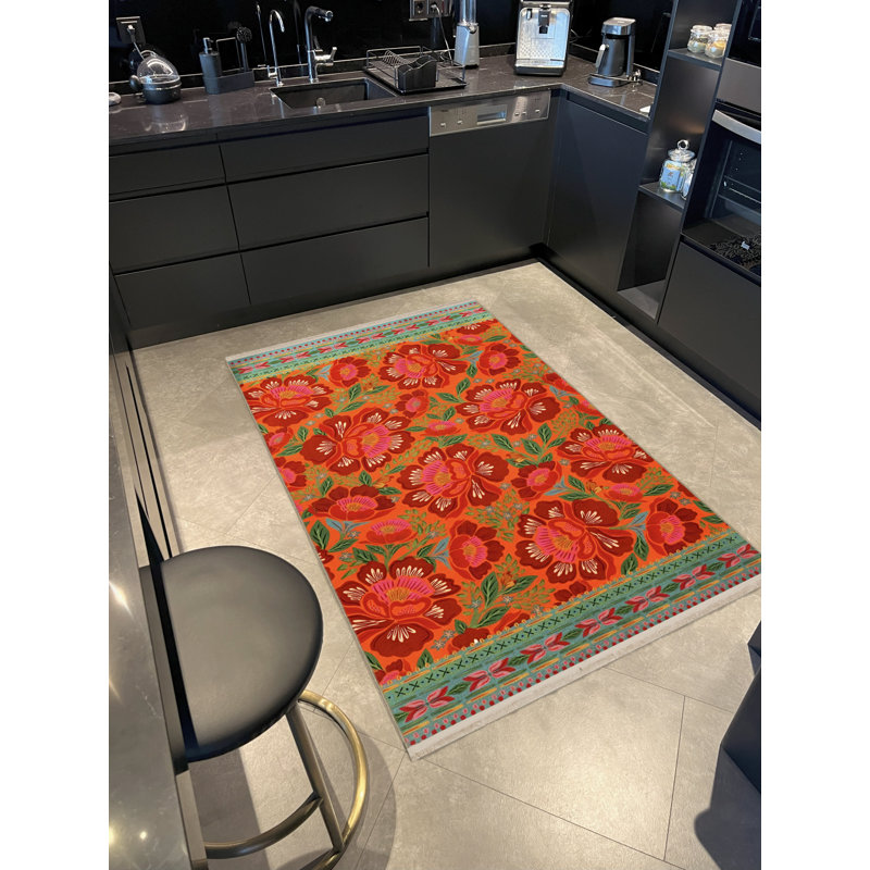 Tapis décoratif à motif de roses à thème orange, Tapis de couloir 3 pi 9,81 po x 9 pi 10,11 po