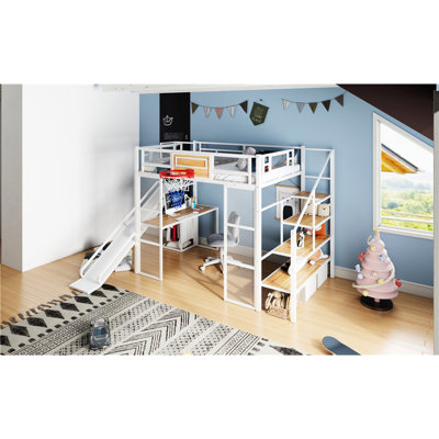 Lit mezzanine en métal blanc avec bureau, garde-robe, cerceau, glissade et escalier