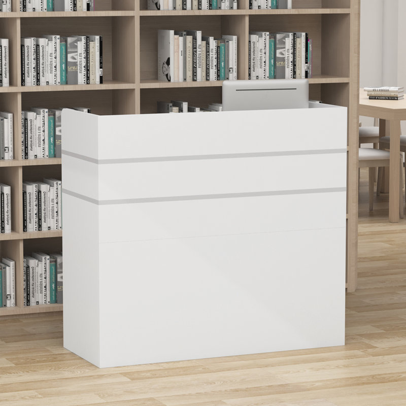 120cm White Reception Desk with Lockable Drawer & Storage Cupboard for Salon or Office