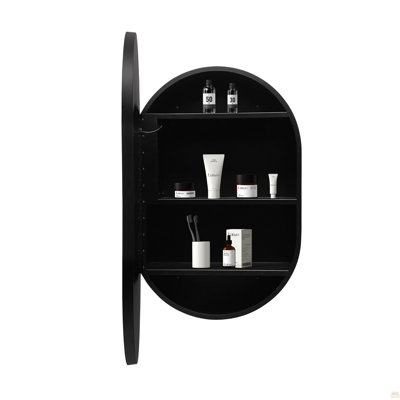 Armoire à pharmacie murale 31 po x 21 po à DEL avec cadre en métal noir ovale et miroir