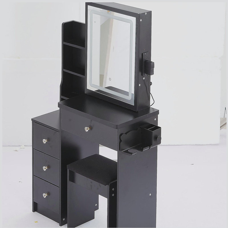29.2" Small Size Left Bedside Cabinet Vanity Table + Cushioned Stool,2 AC+2 USB Power Station,Hair dryer bracket,Extra Large Touch Control Sliding LED Mirror,Tri-color Switching,Brightness Adjust