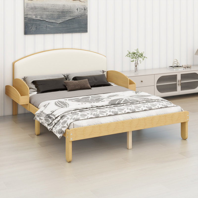 Base de lit plateforme avec tête de lit courbée et rembourrée, pieds arqués et rangement latéral pour les chambres à coucher modernes