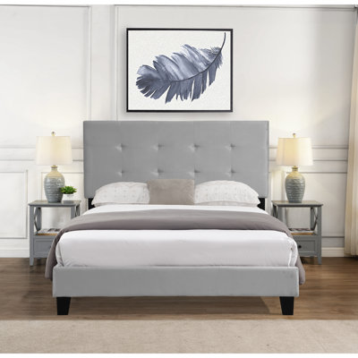 Lit plateforme tapissier grand format gris, tête de lit, support à lattes de bois, base de matelas, assemblage facile, pas besoin de sommier gris moderne avec base, pas besoin