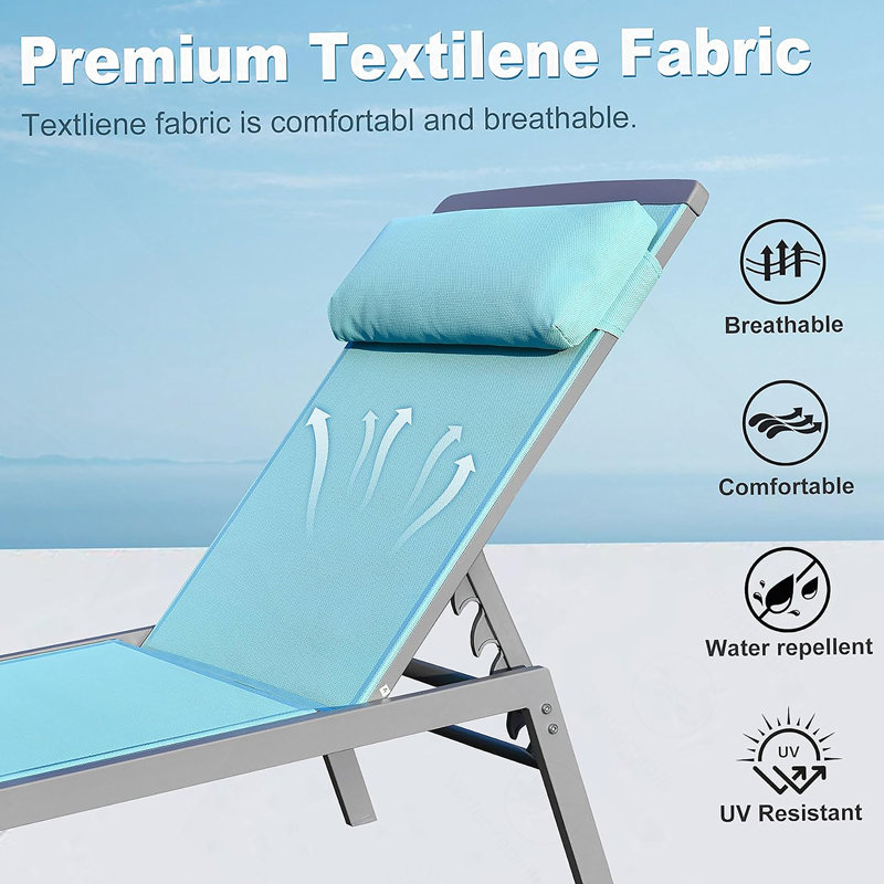 Ensemble de chaises longues réglables en aluminium avec tissu PVC-coated polyester, idéal pour la détente en plein air et les bains de soleil