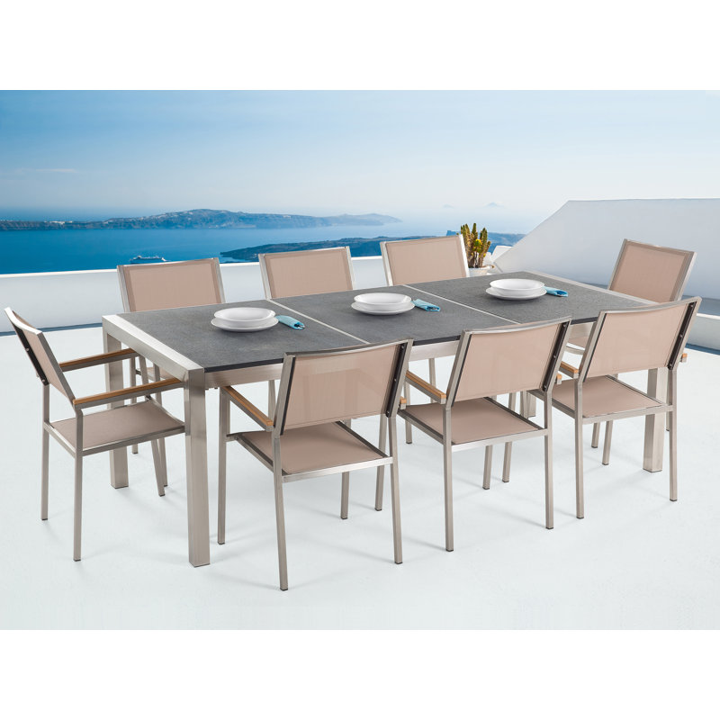 Samba 6 - Person Patio Dining Set with Rectangular Table, Beige, Flamed Granite