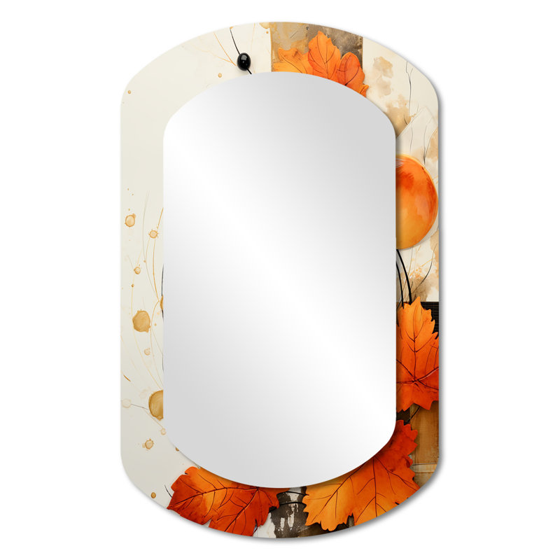 Orange et blanc Floral Radiance I - grand miroir mural à collages abstraits, miroir unique asymétrique moderne, impression d'art en métal