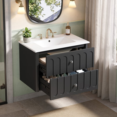 Meuble-lavabo moderne avec poignées ovales et bord arrondi, glissières de tiroir à fermeture en douceur, armoire de salle de bain avec lavabo en céramique