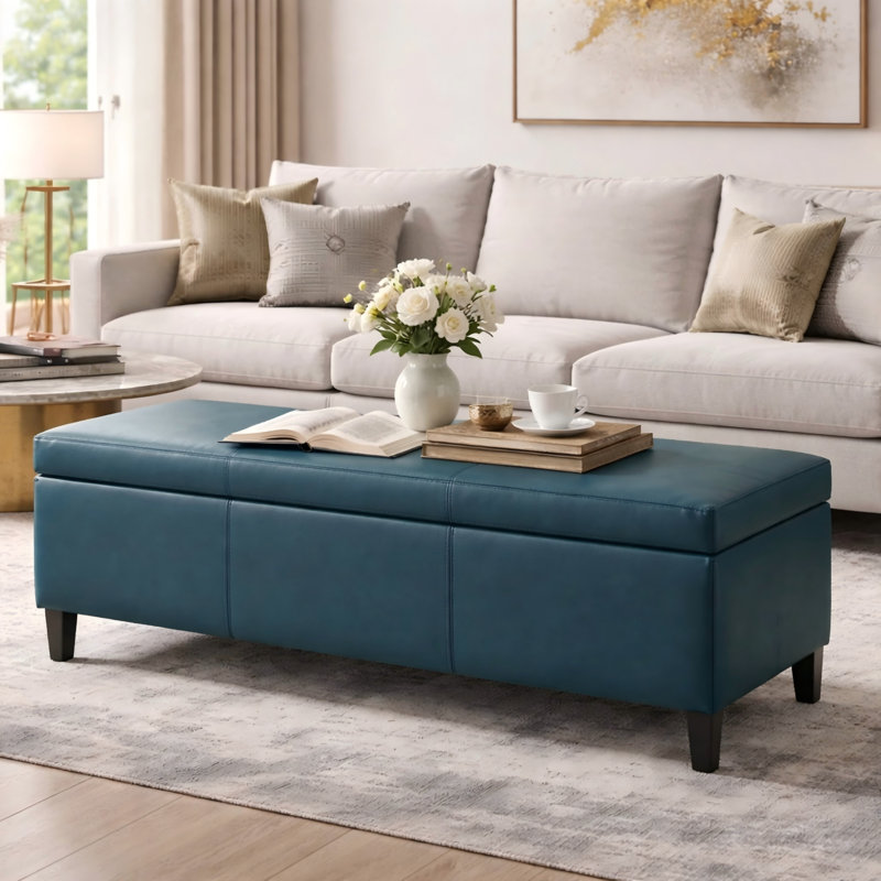 Banc de rangement rembourré en similicuir de 50,3 po Asdrubale, Bleu