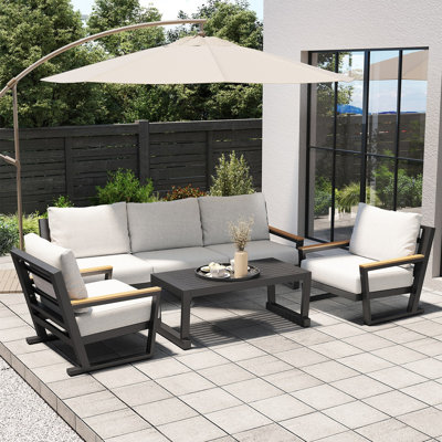 Aluminum Outdoor Patio Furniture Set with Coffee Table,4 Piece Patio Conversation Sets with Washable Thick Cushions, Outdoor Sectional Furniture Set for Porch, Balcony, Deck, Yard