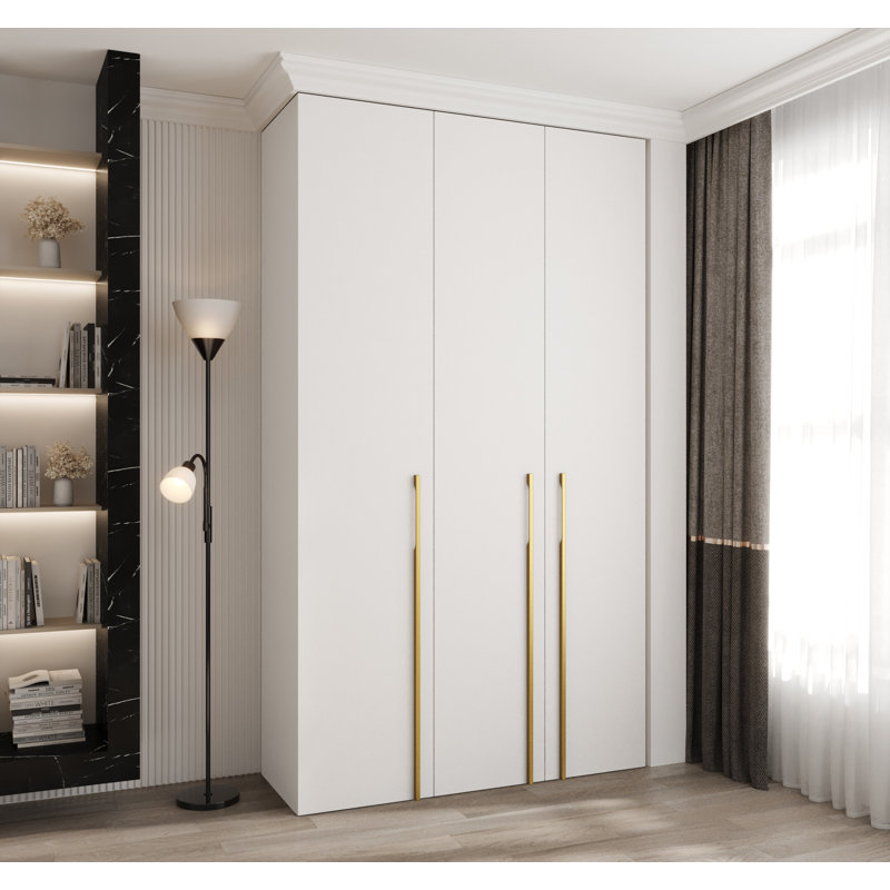 3 Door Manufactured Wood Wardrobe, white matt + handles: gold, 245,5 H x 140 W x 40 D