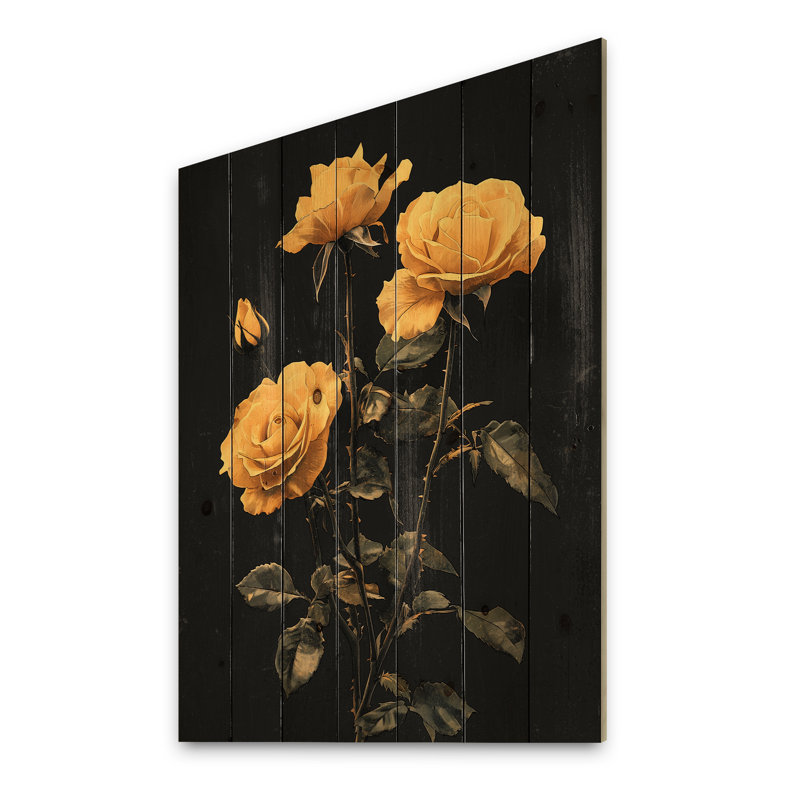 Midnight Vintage Rose Flowers Elegance I - roses, art mural en bois - sur bois de pin naturel, H 32 po x l 24 po x P 0,78 po