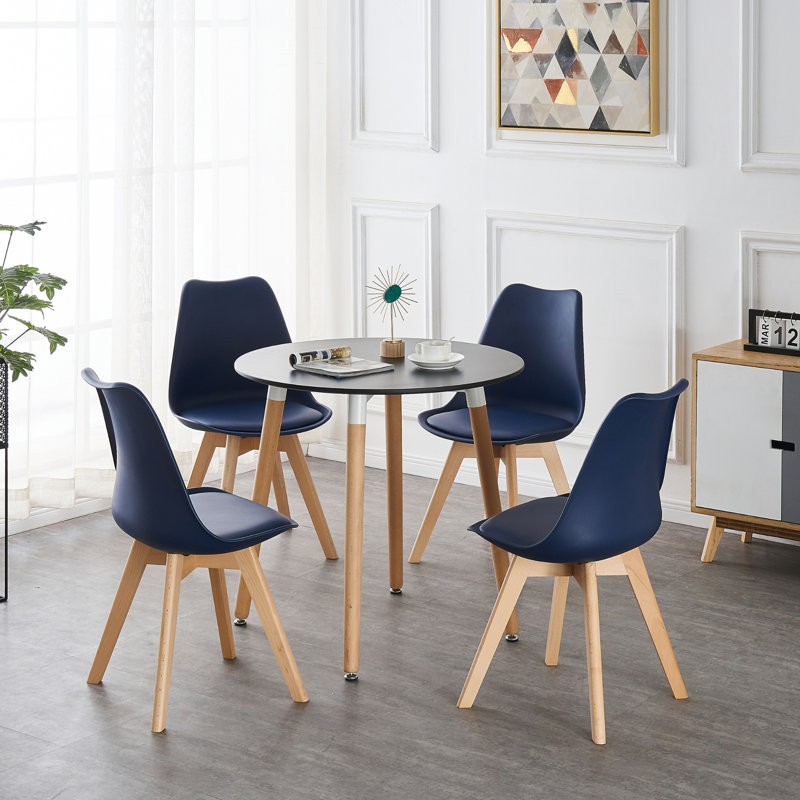 Thomasin Modern  Scandinavian Minimalist Dining Chair with Faux Leather Cushions and Solid Wood Legs - Side Chair for Dining Room Kitchen Office - Single
