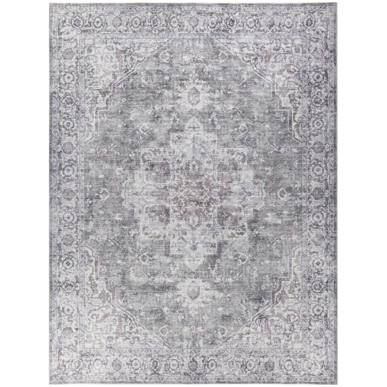 Oriental Machine Washable Polyester/Cotton Area Rug in Gray/Ivory