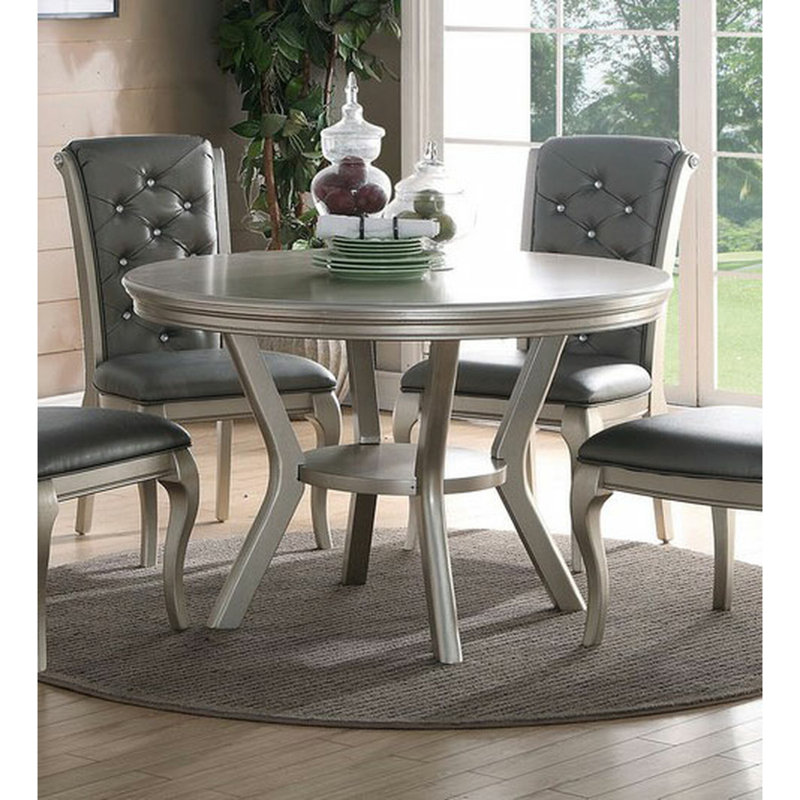 Table de salle à manger formelle traditionnelle Table ronde 5 teintes argentées avec tablette 4X et chaises d'appoint capitonnées