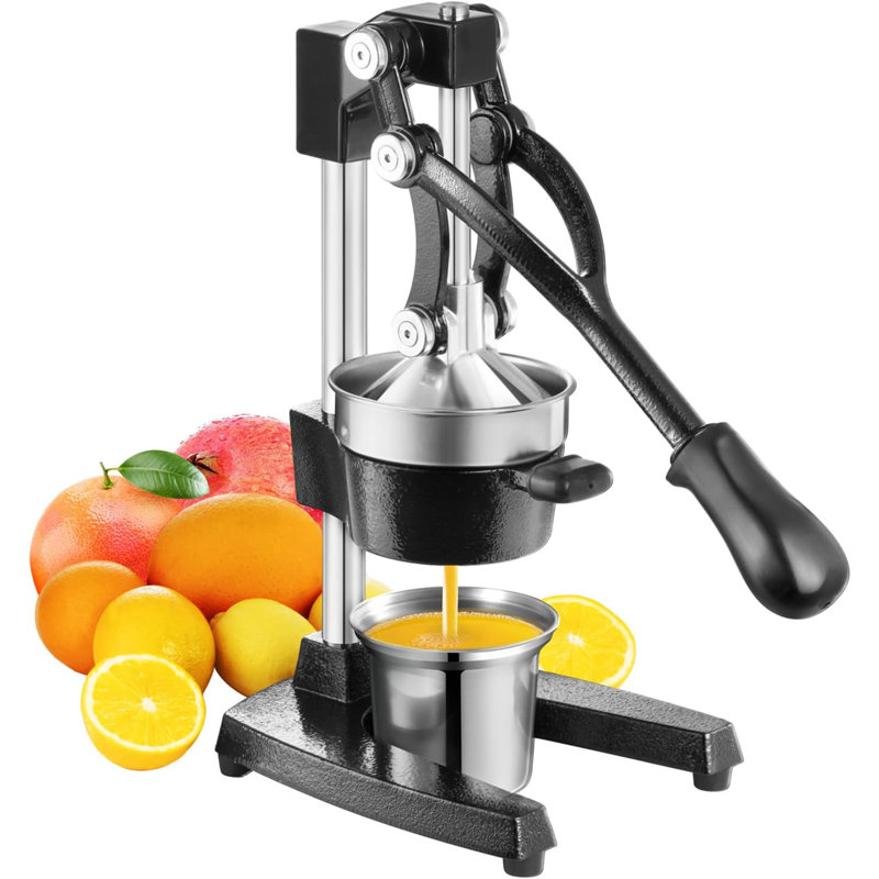 Heavy-Duty Cast Iron Manual Citrus Juicer Press, Stainless Steel Cup, Easy-Clean Squeezer for Lemon Pomegranate Orange Lime (Black)