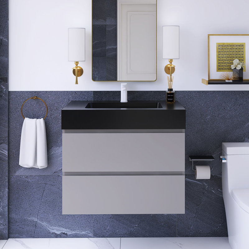 30" Wall-Mounted Single Bathroom Vanity With Solid Surface Top, Gray