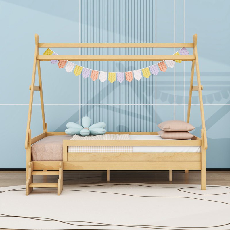 Lit plateforme en bois avec forme de maison, Lit double, Naturel