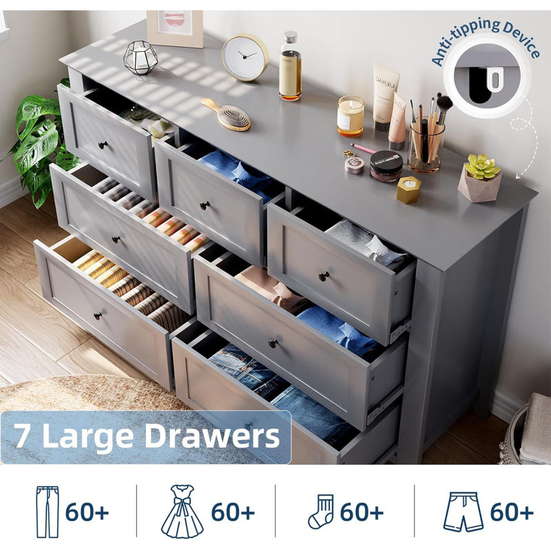 Commode de rangement grise en bois à 7 tiroirs de 54 po de large pour salon, Gris