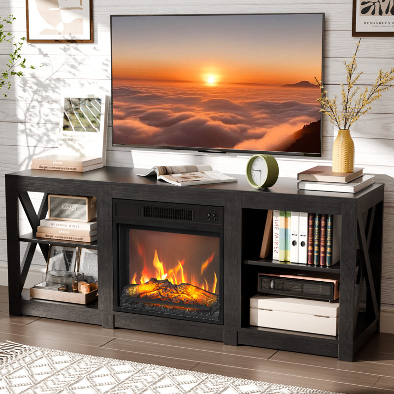 Farmhouse 58'' TV Stand For Tvs Up To 70'' With Electric Fireplace And Adjustable Shelves, Black/Gold