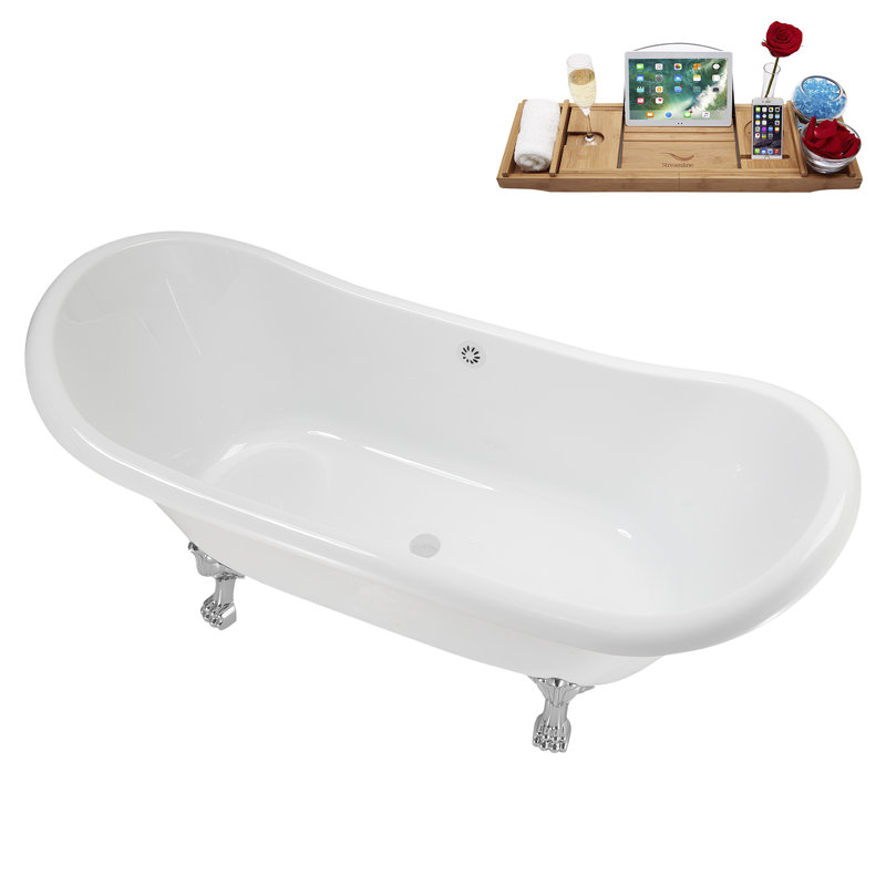 71" Streamline Clawfoot Tub,Tray,Drain and Clawfeet, Polished Chrome, Glossy White