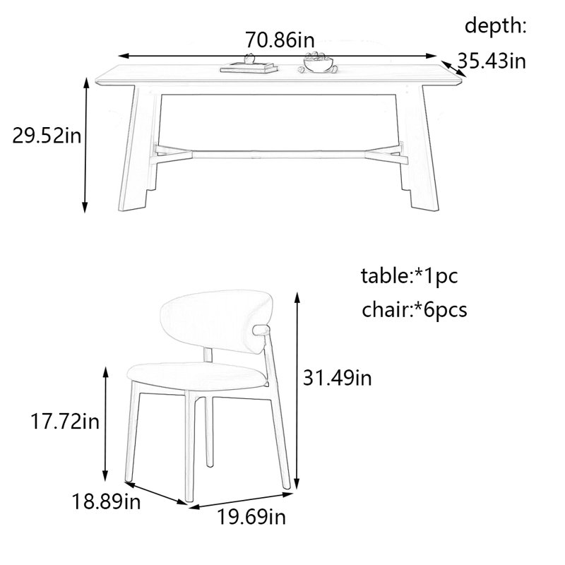 Ensemble de table et de chaises élégantes, H 29,52 po x L 70,86 po x l 35,43 po