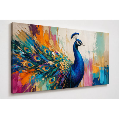 Grand paon coloré sur toile 24 x 36 pouces, peinture abstraite d'oiseaux, œuvre d'art animée, décoration murale moderne pour le salon, la chambre à coucher - prête à être accrochée