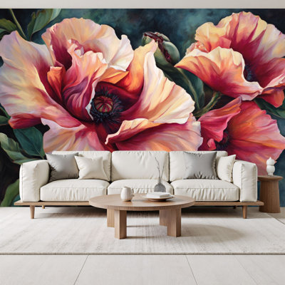 Papier peint autocollant rétro avec motifs muraux rétro rouge doux et oranges de couleur crème, H 69 po x l 96 po, papier peint amovible en PVC pour chambre à coucher, bureau à domicile