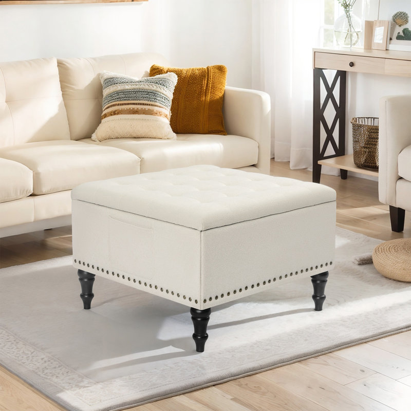 28" Square Storage Ottoman Bench, Beige