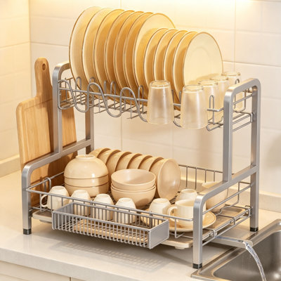 2-Tier Large Dish Drying Rack with Drainboard, Cup & Utensil Holders, Rustproof, Space-Saving
