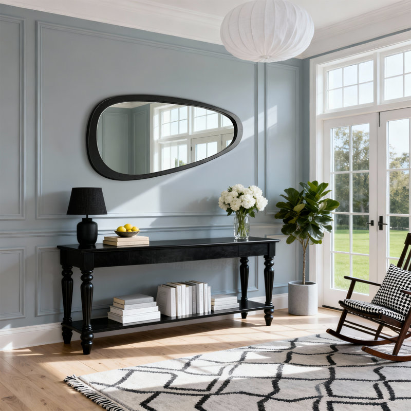 Miroir mural décoratif asymétrique, cadre en bois massif - Miroir Boho moderne pour vestibule ou meuble-lavabo, Noir mat