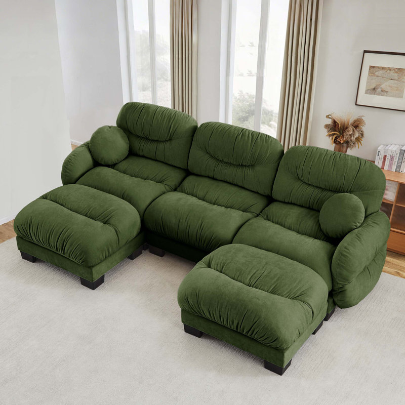 Pleated Chenille Modular Sofa with Ergonomic Foam Comfort, 36.2" H x 116.1" W x 61.4" D, Chenille - Green