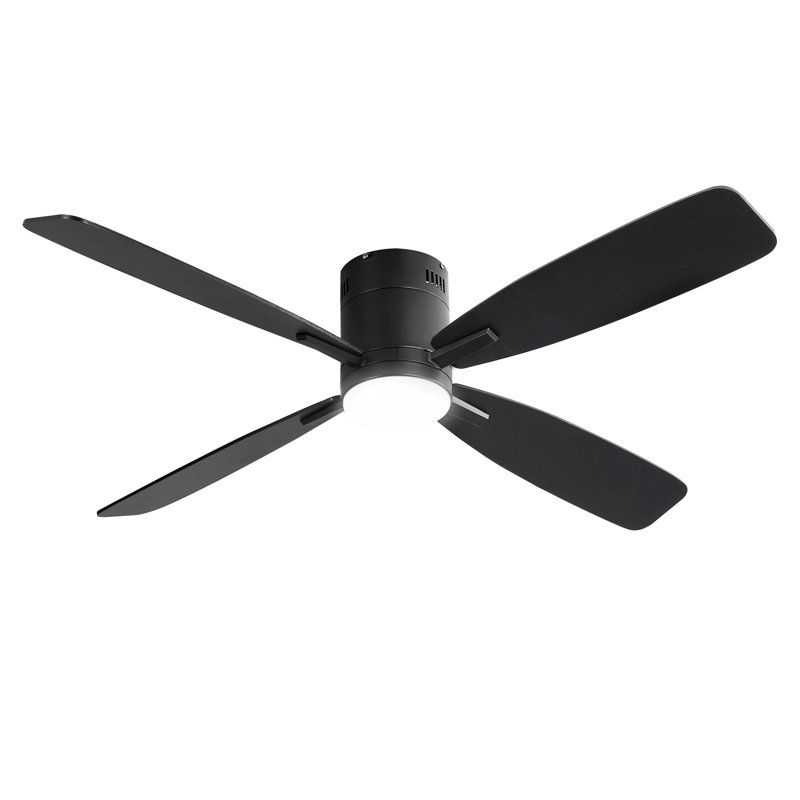 Abdullah 46" Modern Black Flush-Mount Ceiling Fan with Light & Remote/App Control for Bedroom & Living Room, Black, 46" Wide