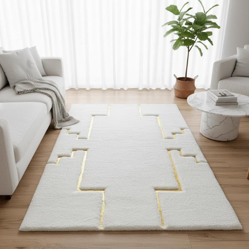 Tapis blanc et doré moelleux, tapis géométrique moderne, Rectangle 3 pi x 3 pi 4 po