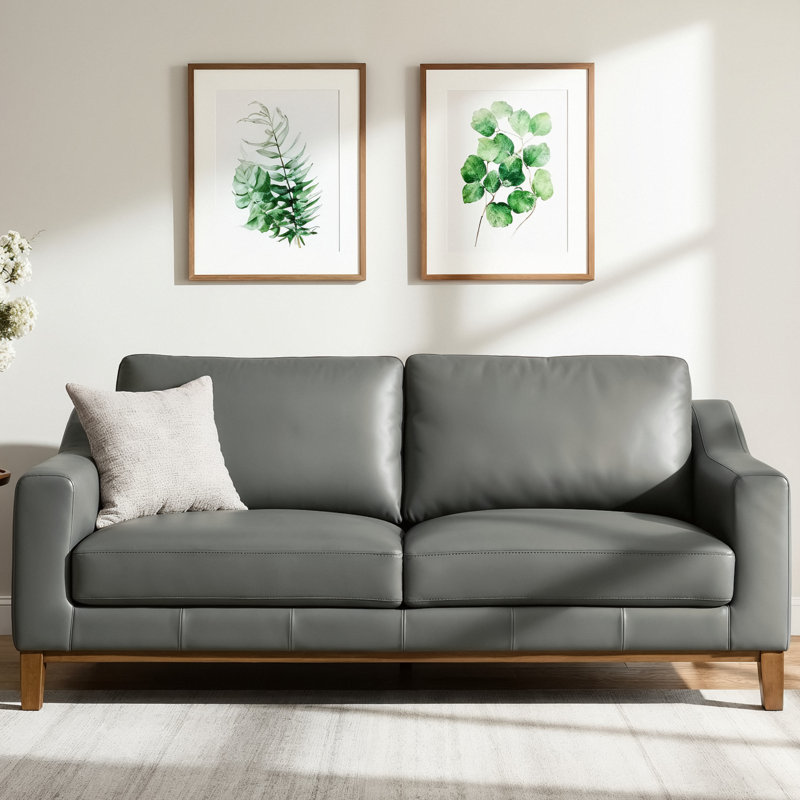 Weddel 75.6" Genuine Leather Square Arm 3-Seater Sofa, Gray