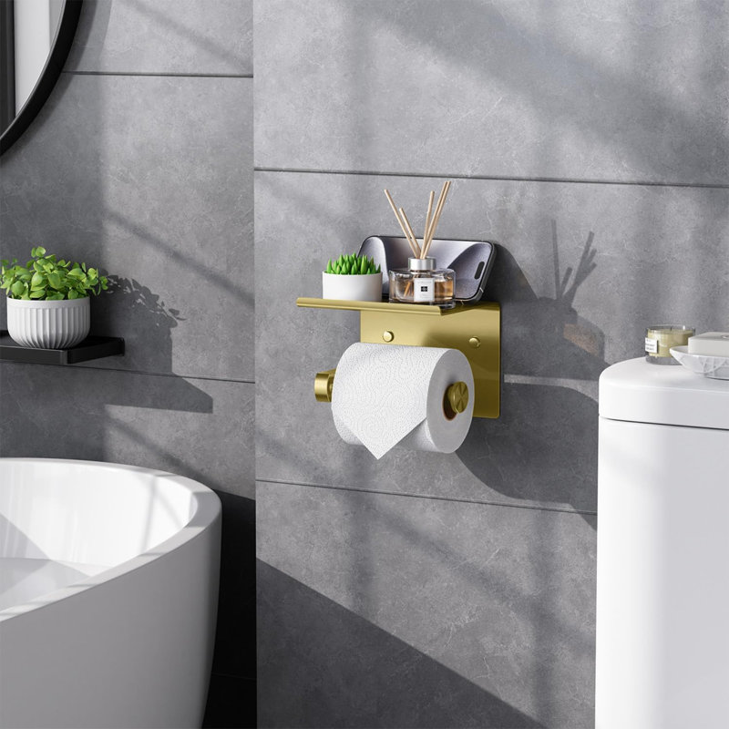 Porte-papier hygiénique mural en acier inoxydable auto-adhésif avec support pour téléphone, Brushed Gold
