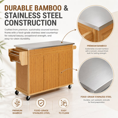 Tianny Bamboo Rolling Kitchen Island with Stainless Steel Top Drawers and Cabinet