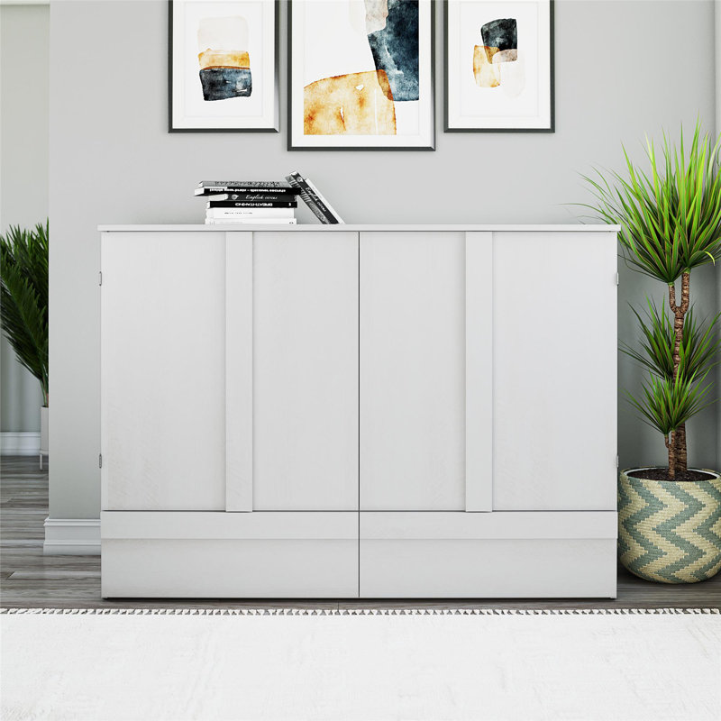 Urthe Queen Trifold Cabinet Murphy Bed with Memory Foam Mattress and Storage Drawers, Ivory Oak