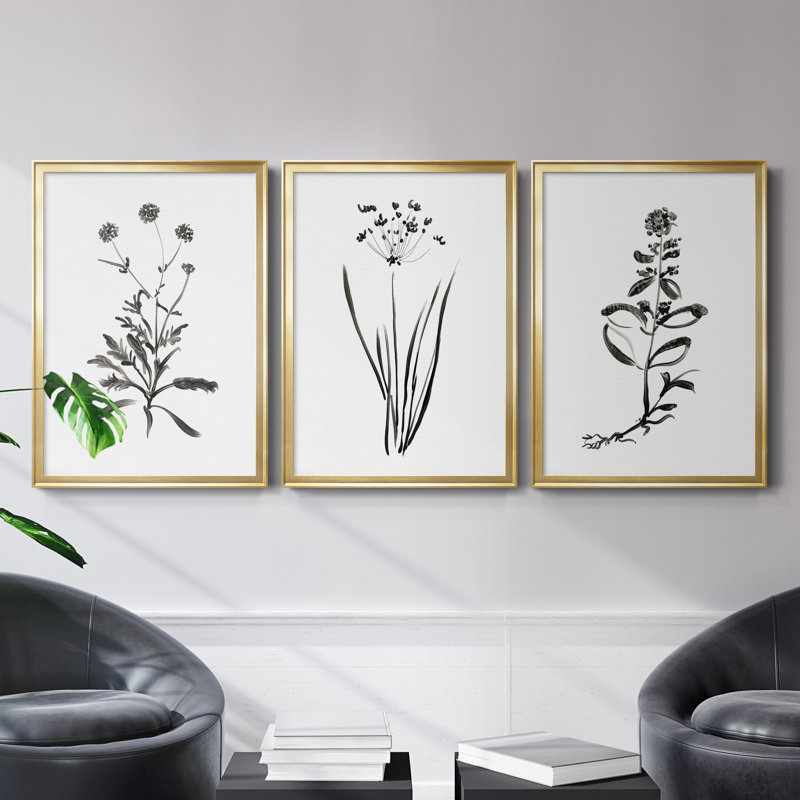 Inky Botanical I - Ensemble de 3 peintures, H 22,5 po x l 91,5 po x P 1,5 po, Toile encadrée dorée