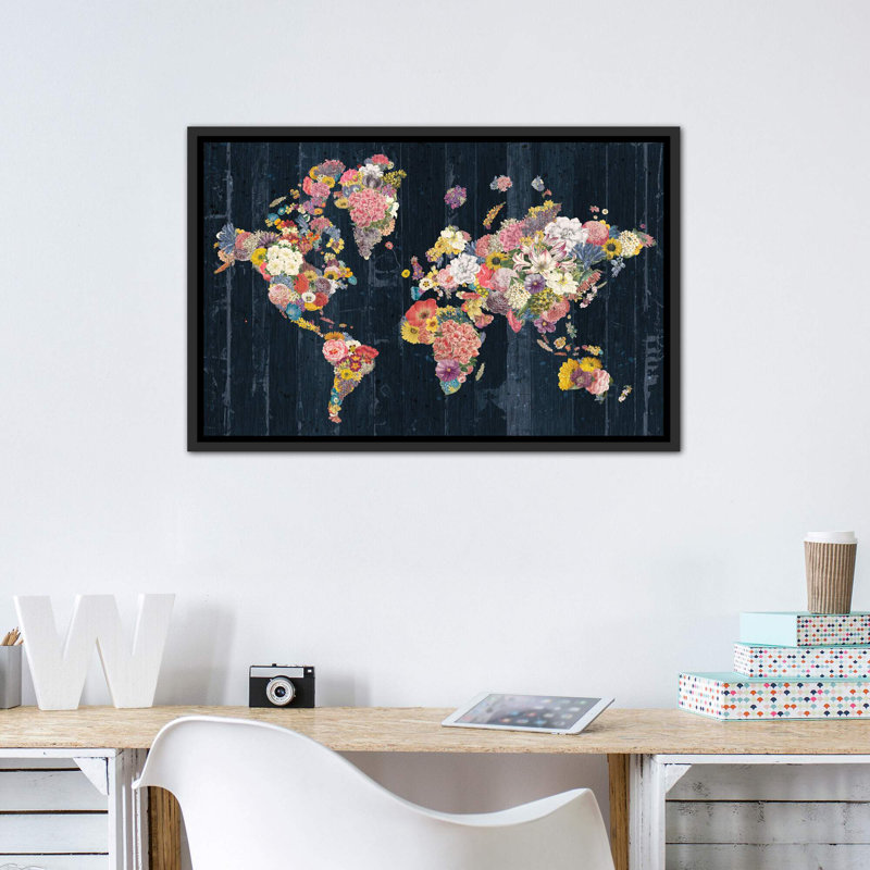 «Botanical Floral Map» par Wild Apple Portfolio - impression d'art graphique, Toile avec cadre noir patiné, Pas de tapis