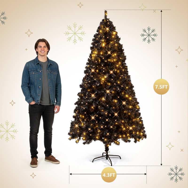  Arbre de Noël 7,5 pi en PVC noir avec 400 DEL blanc froid et chaud et télécommande