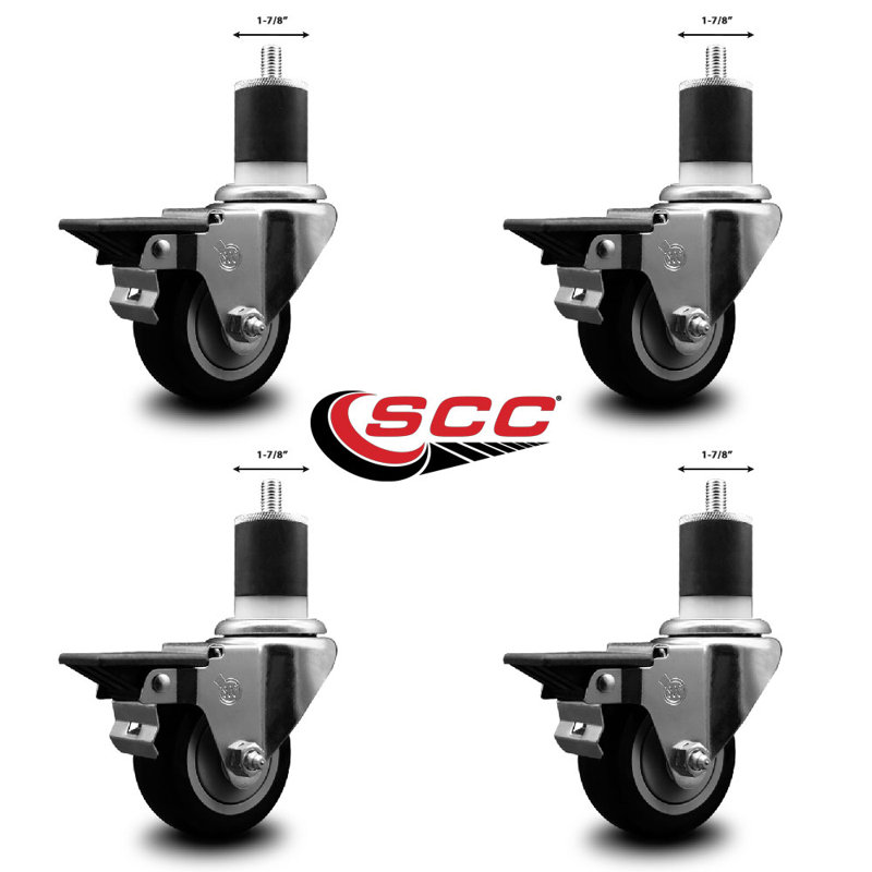 Ensemble de roulettes extensibles pivotantes en polyuréthane noir de 3 po à 1 1/8 po avec frein SCC