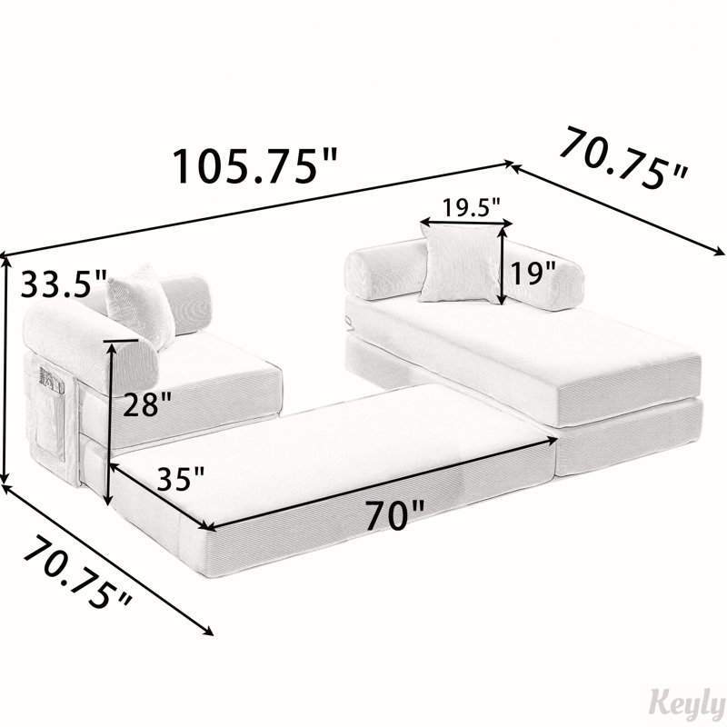 107'' Folding Cloud sofas Modular Sectional Sofa, DIY ,No Assembly, Black