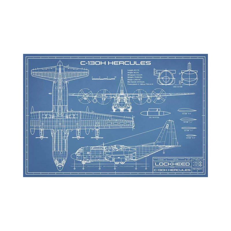 C-130 Hercules Airplane Blueprint by Action Blueprints - Wrapped Canvas Print, 20.32 cm H x 30.48 cm W