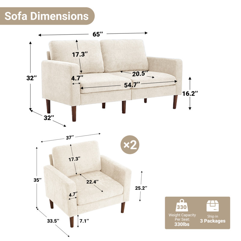 Modern 2 Accent Chairs And Loveseat Living Room Set, Mid-Century Upholstered Furniture, Beige Chenille